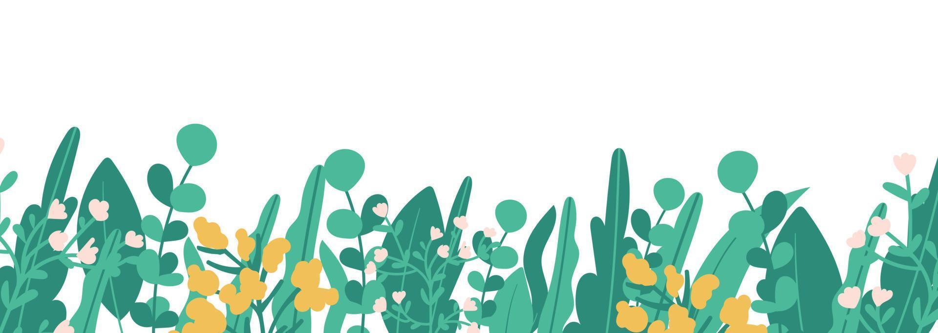 Pflanzen minimalistisches Vektorbanner. hand gezeichnete blumen, gras, zweige, blätter auf einem weißen hintergrund. grünes einfaches horizontales Muster. einfacher flacher Stil. Alle Elemente sind isoliert und editierbar vektor