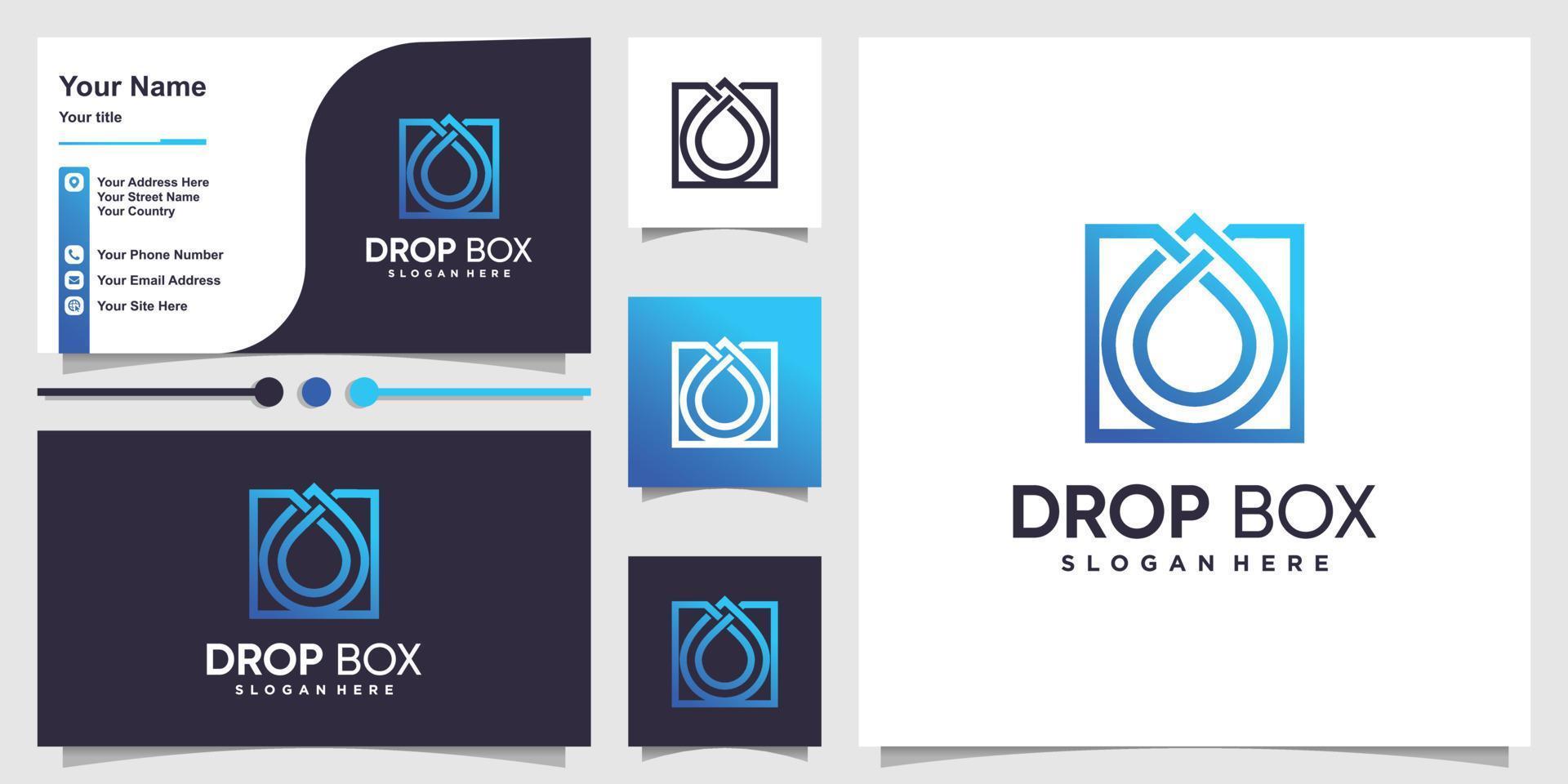 Box-Logo mit Gradienten-Drop-Umriss-Stil und Visitenkarten-Design-Vorlage Premium-Vektor vektor