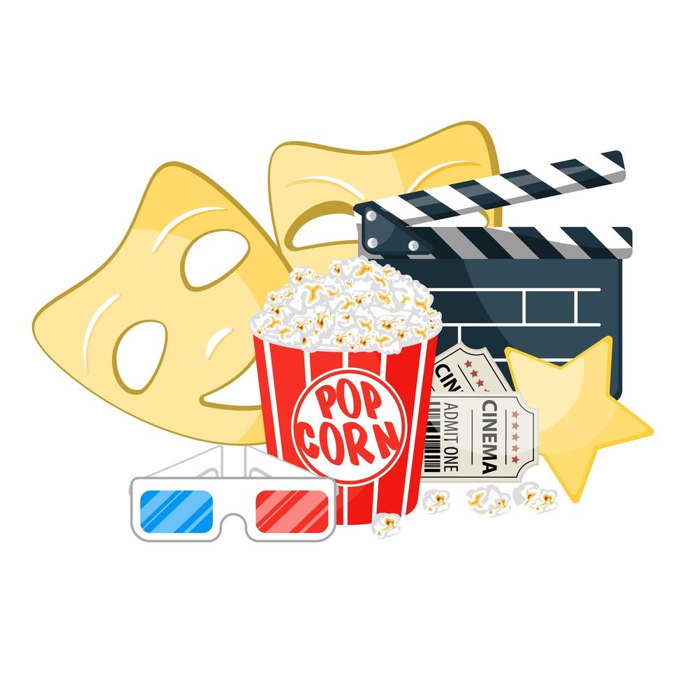 Filmzeit-Vektorillustration. kinoplakatkonzept auf rotem rundem hintergrund. Komposition mit Popcorn, Filmklappe, 3D-Brille und Filmstreifen. Kinobanner-Design für Kino. vektor