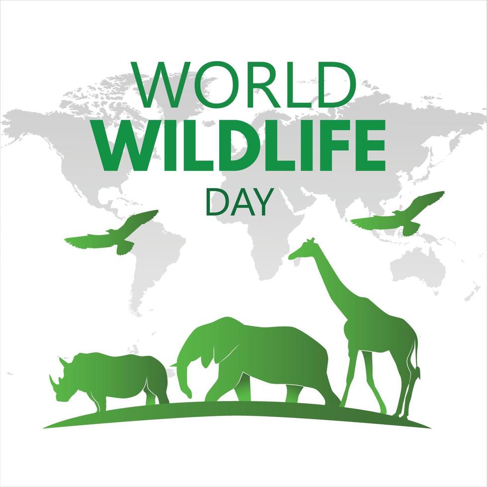 World Wildlife Day affisch med djur silhuett elefant noshörning giraff örn och världskarta bakgrund vektor design redigerbar