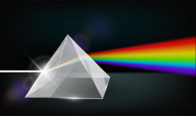 Optik Physik. Das weiße Licht scheint durch das Prisma. Produziere Regenbogenfarben im Illustrator. vektor