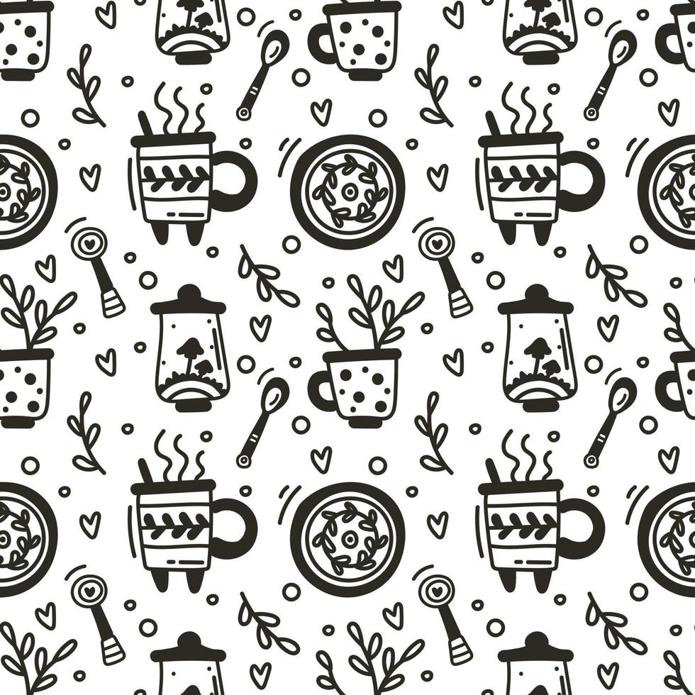 seamless mönster med koppar, sockerskål, skedar, tallrikar, kaffe och te köksutrustning. doodle stil handritad illustration för menydesign och omslagspapper. vektor