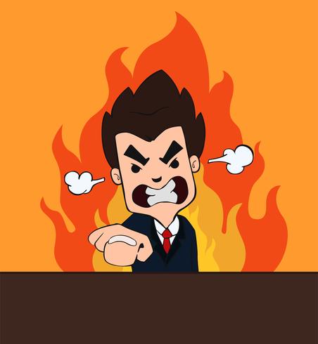 Verärgerter Chef Cartoon Smash die Tabelle, die Ärger mit einem orange Flammenhintergrund zeigt vektor