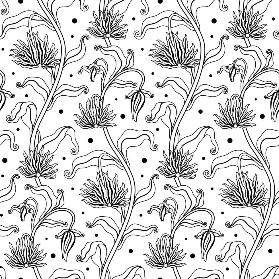 Schwarz-Weiß-handgezeichneter floraler Vektor nahtloses Muster
