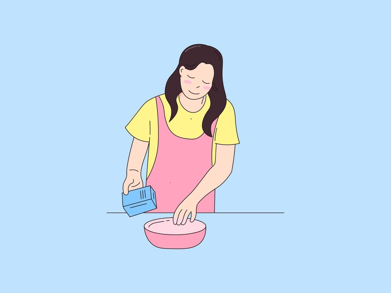 matlagning illustration, hälla mjölk på degen vektor