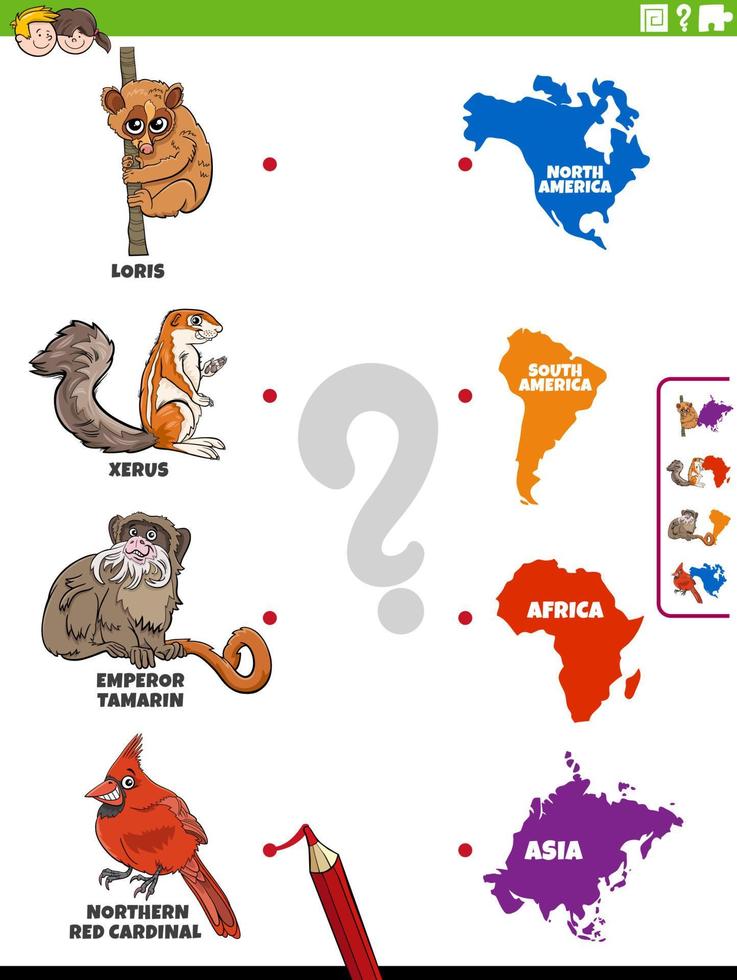 matcha djurarter och kontinenter pedagogiskt spel vektor