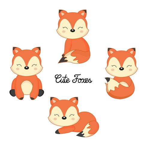 Set av söta lilla rävar i tecknad stil. vektor