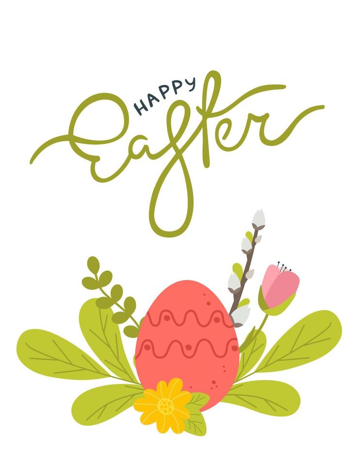 Postkartenplakat für die fröhlichen Osterfeiertage mit Eiern, Blumen, Weiden und anderen Attributen. Vektor-Illustration in einem flachen Stil isoliert auf weißem Hintergrund vektor