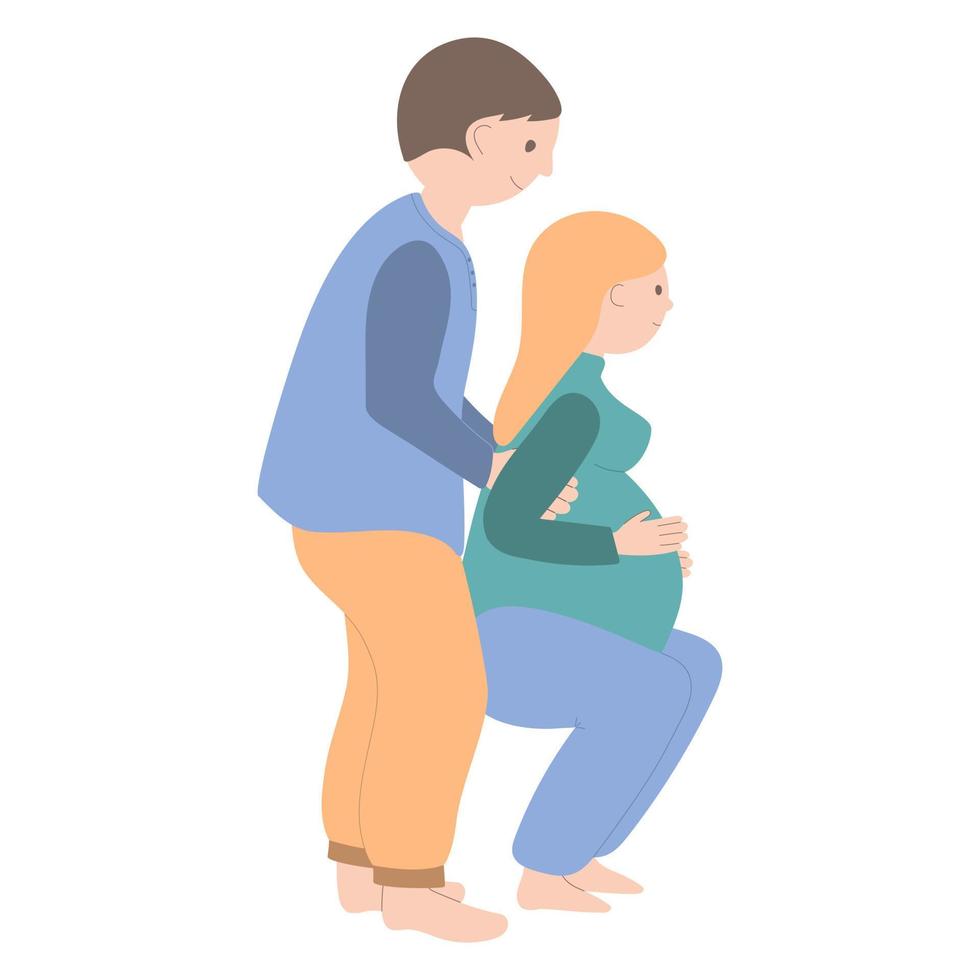 en gravid kvinna förbereder sig för en partnerförlossning med sin man. partnerförlossning. vektor illustration på vit bakgrund. handritning. för tryck, webbdesign.