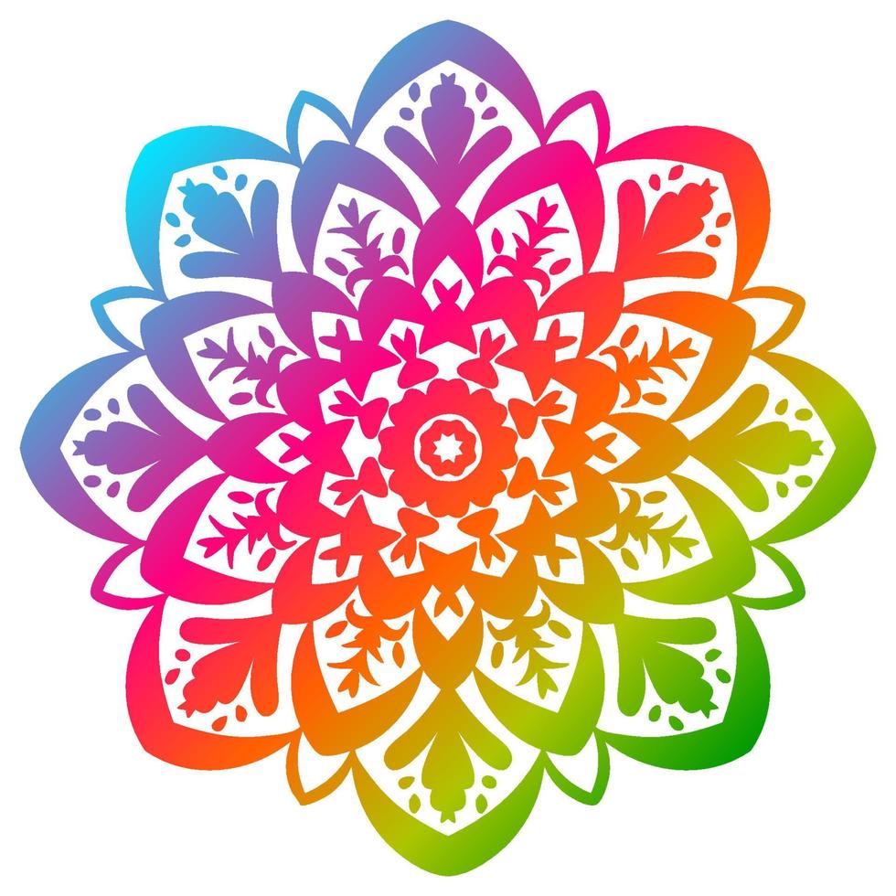 Blumenmandala mit buntem Farbverlauf. handgezeichnetes dekoratives element. dekoratives rundes Gekritzelflorenelement lokalisiert auf weißem Hintergrund. vektor