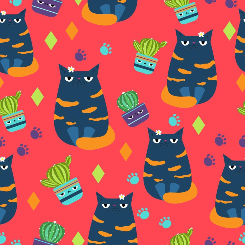 mönster med missnöjda katter och kaktusar vektor