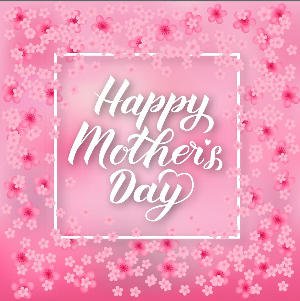 glad mors dag kalligrafi bokstäver på mjuk rosa bakgrund med vårblommor. mors dag typografi affisch. lätt att redigera vektormall för festinbjudningar, gratulationskort, taggar, flygblad vektor
