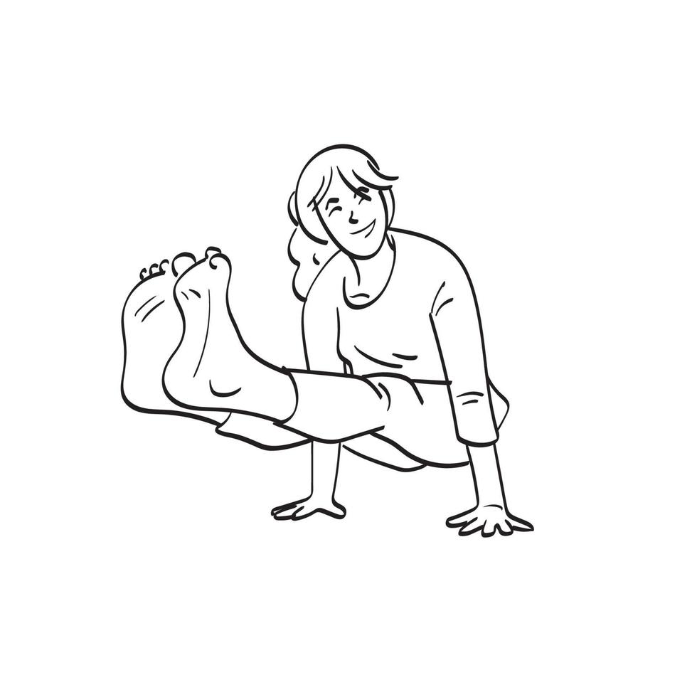 Frau, die Yoga mit den Händen tut, die Illustrationsvektorhand hochdrücken, die lokalisiert auf weißem Hintergrund gezeichnet wird vektor