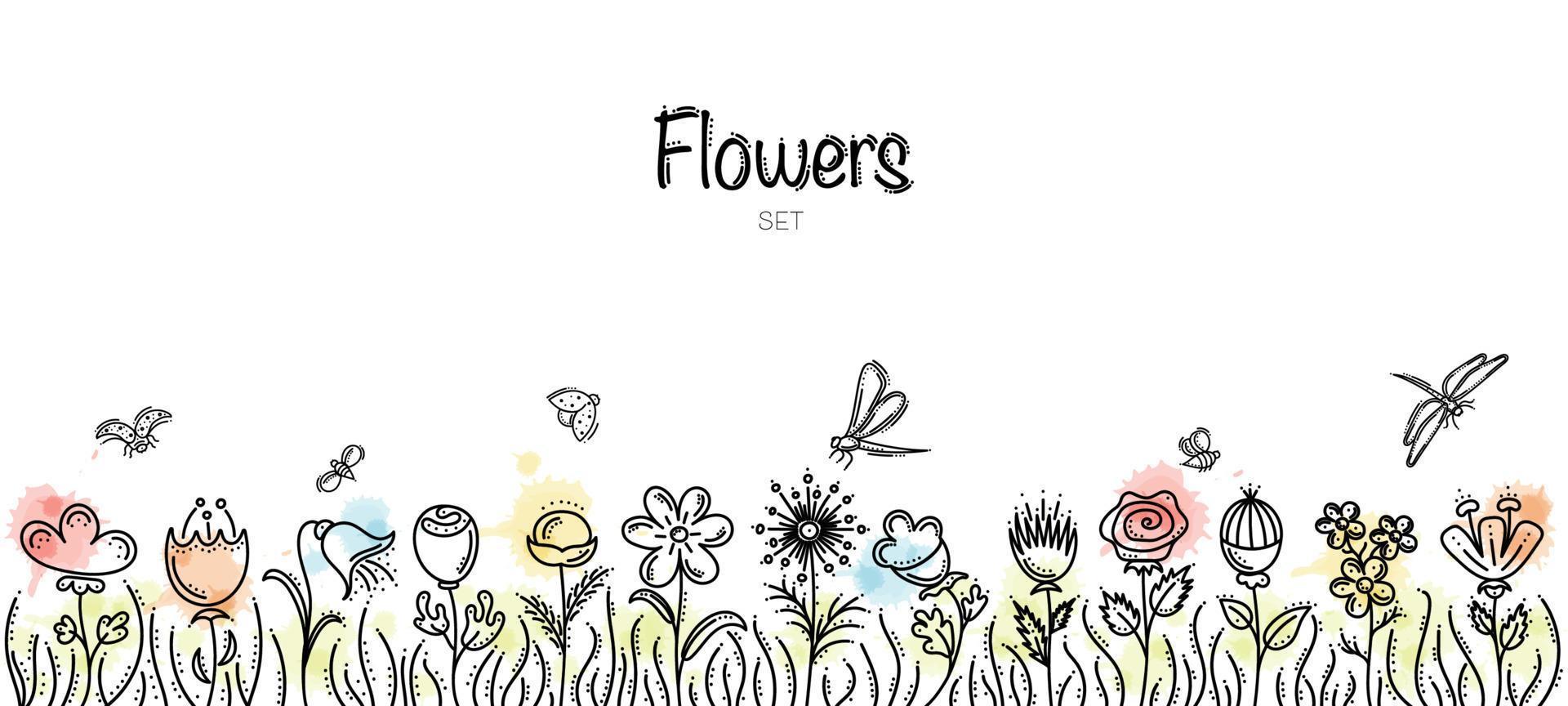 handgezeichnete Blumen mit Bienen, Marienkäfern und Libellen vektor