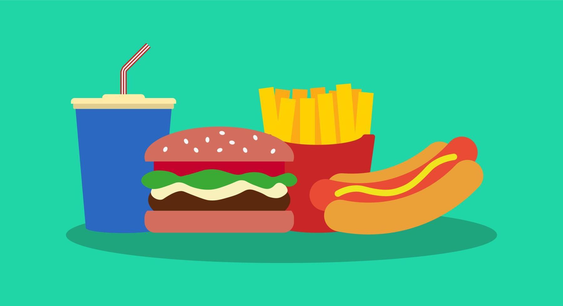 Fast-Food-Vektor-Illustration. Junk-Food-Symbol. Hot Dog, Pommes Frites, Hamburger und Erfrischungsgetränk vektor