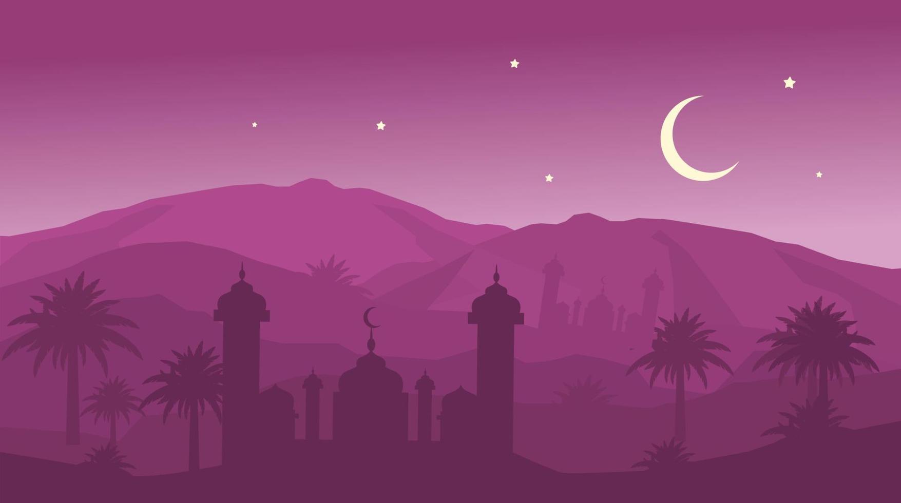 islamisk moské stadsbild arabiska tecken på vacker siluett bakgrund - ramadan kareem. vektor