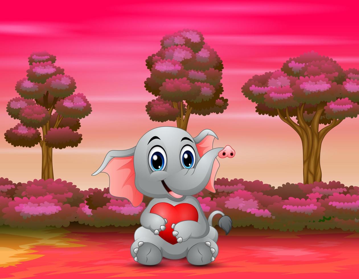 elefant som håller ett rött hjärta i skogen vektor