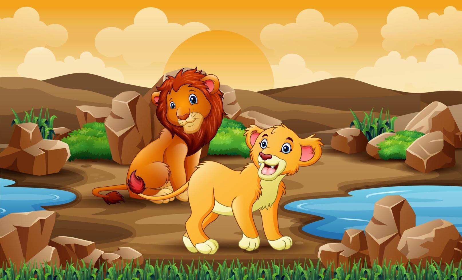 två lejon i savannfältet vektor
