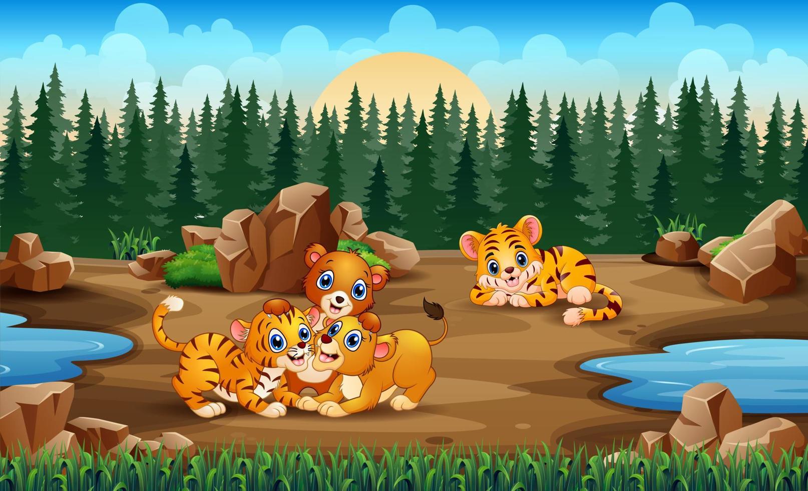 en tiger och lejonfamiljer som leker på fältet vektor