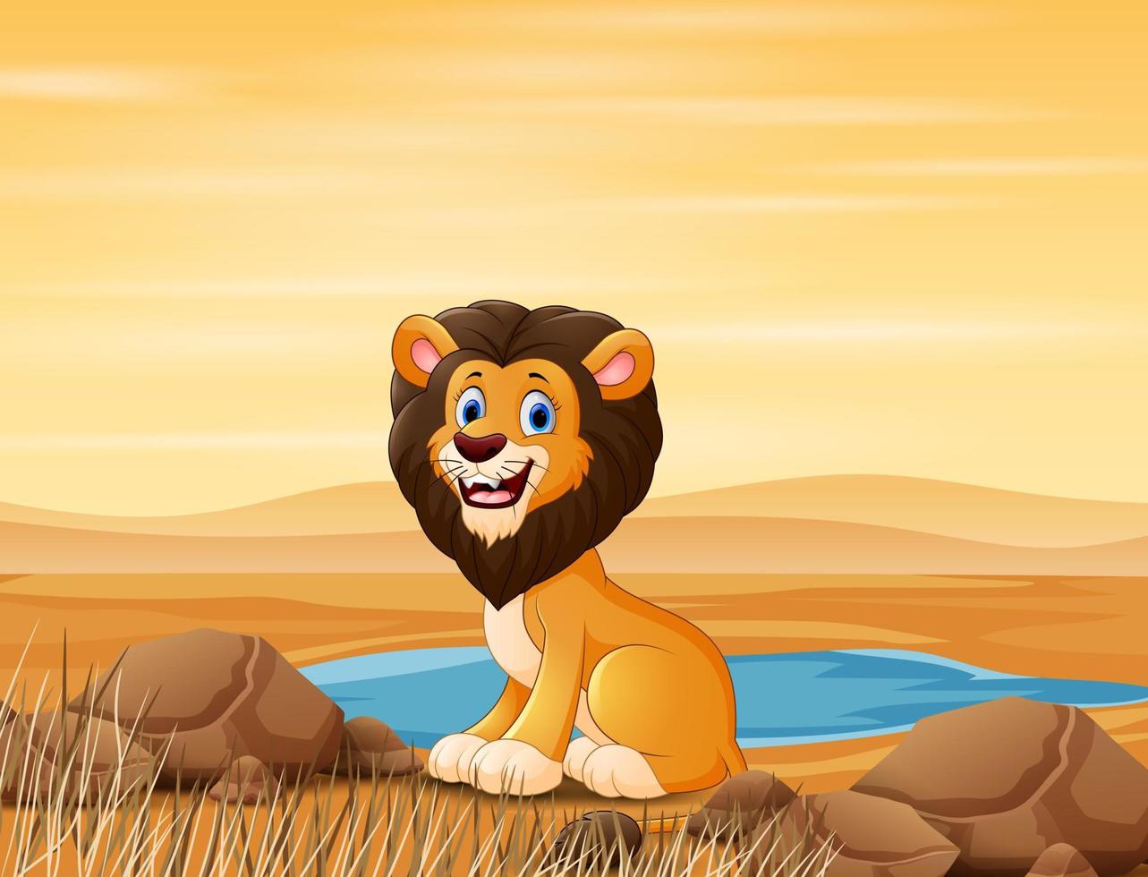 ett lejon som sitter vid den lilla dammen på öknen vektor