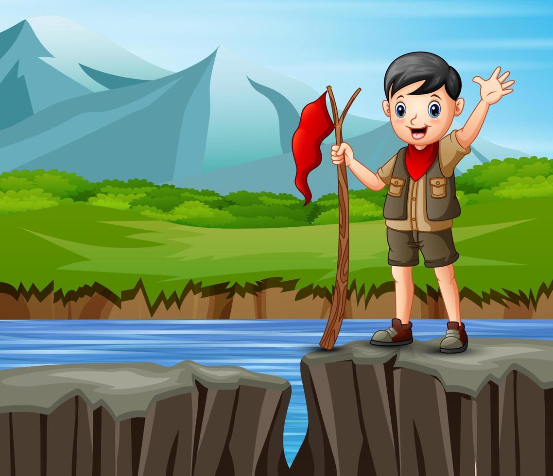 scoutpojke står på kanten av en klippa med en vacker utsikt över naturen vektor