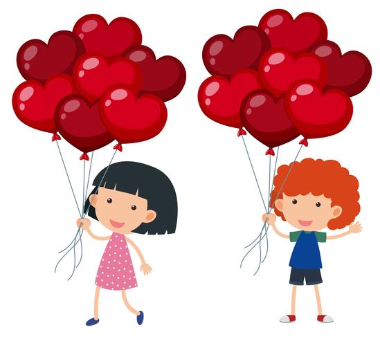 Jungen und Mädchen mit Luftballons Form von Herzen vektor