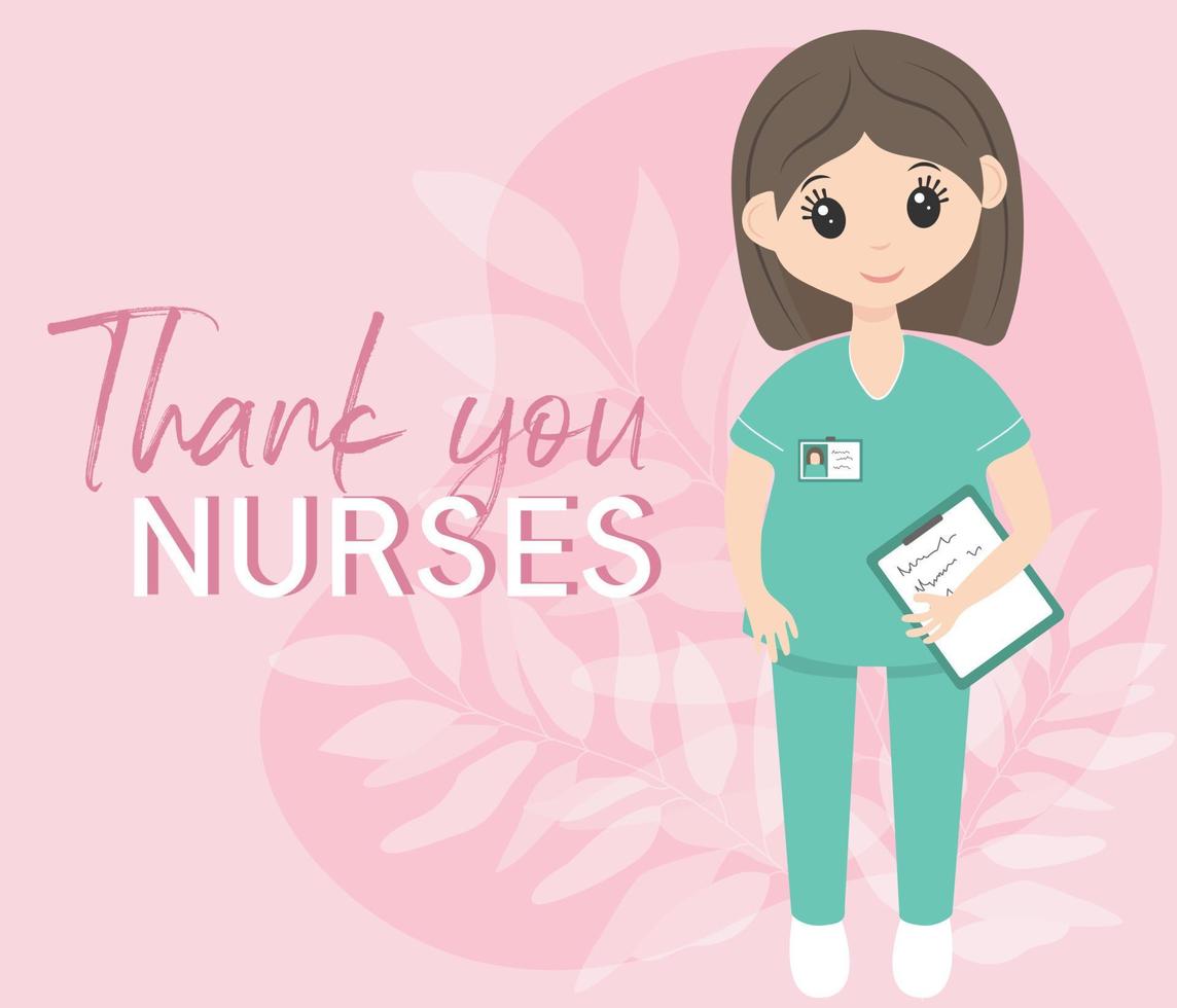 internationella sjuksköterskedagen 12 maj. glad kvinnlig sjuksköterska i uniform. rosa och mintfärger. kortformat med bokstäver. tack sjuksköterskor. vektor