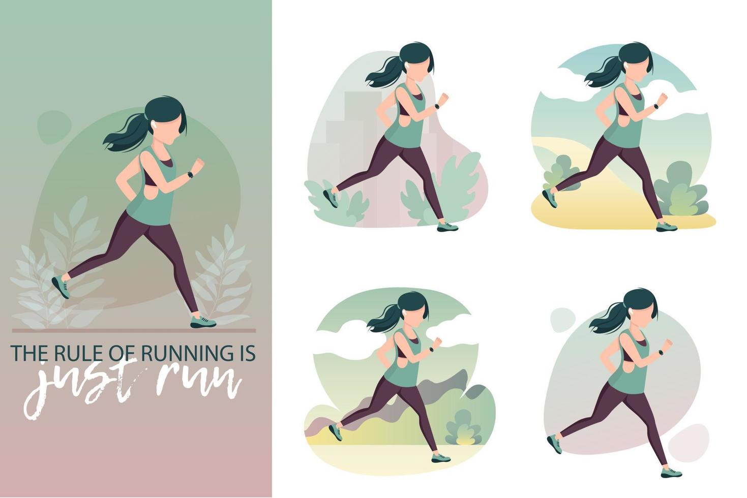 junge Frau in Sportbekleidung mit Tracker und Ohrstöpseln. sport, training, cardio, gesunder lebensstil, fitness, training, laufkonzept. Vektor-Illustration-Set vektor