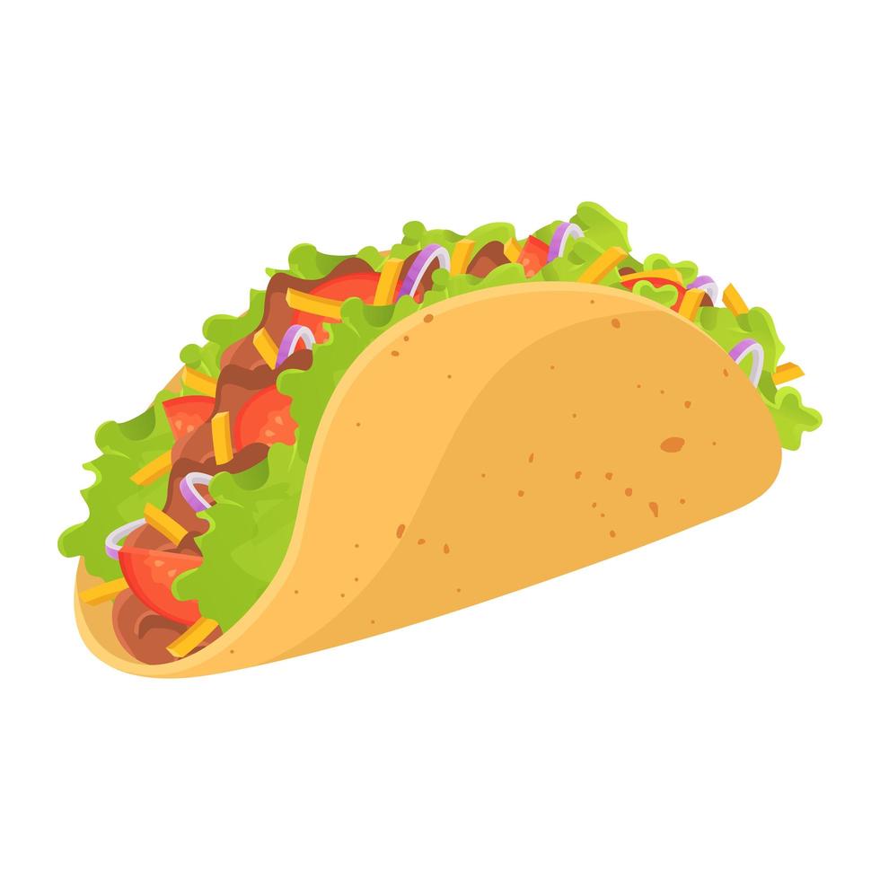 köstliche mexikanische taco-karikaturillustration lokalisiert auf weißem hintergrund. Rinderfleisch, Tomaten, Käse, Zwiebeln, Salat, Maistortilla-Zutaten. vektor