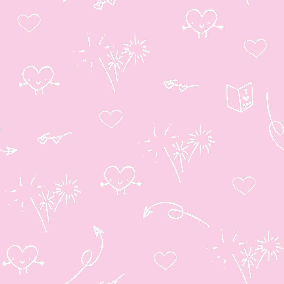 sött rosa mönster med vit linje fyrverkerier, hjärtan, glasögon. textilier för barn, tyg, bok, sovrum, baby. digital papper scrapbook, sömlös bakgrund. vektor