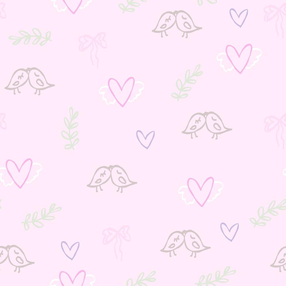 süßes rosa muster mit gekritzellinie die vögel küssen sich, schleifen, herzen. Textilien für Kinder, Stoff, Buch, Schlafzimmer, Baby. digitales Papiersammelalbum, nahtloser Hintergrund. vektor