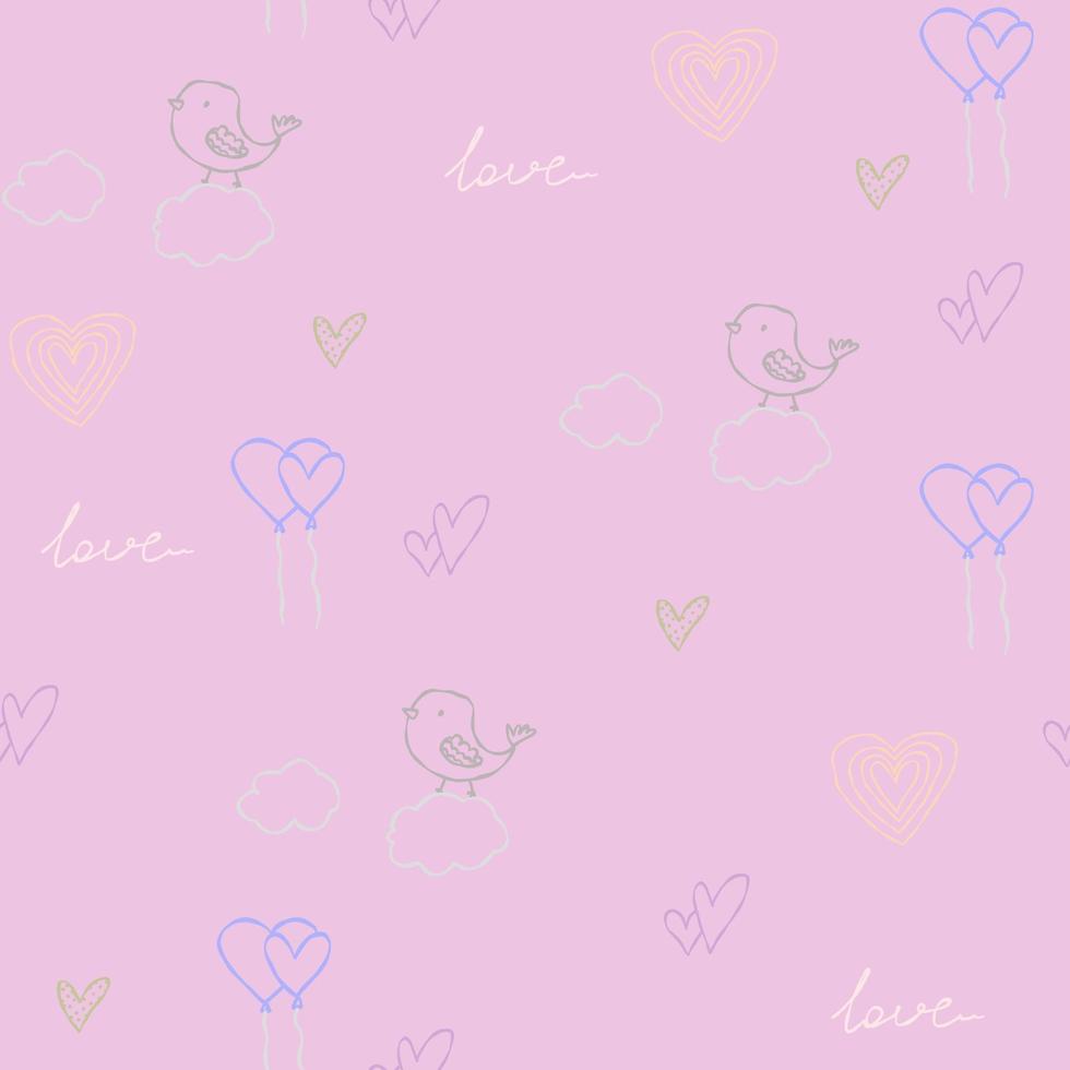 söta rosa mönster med doodle linje fåglar i molnen, bollar, hjärtan. textilier för barn, tyg, bok, sovrum, baby. digital papper scrapbook, sömlös bakgrund. vektor