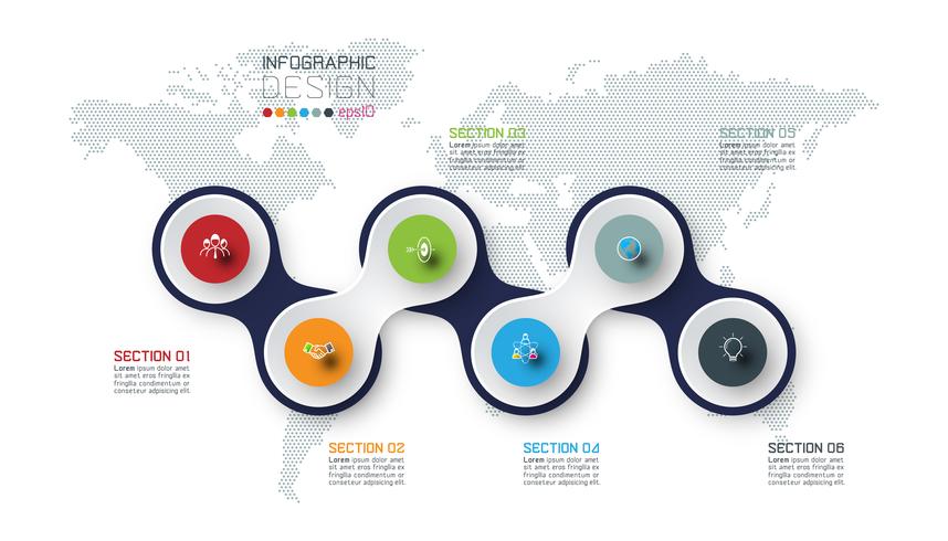Cirkel länkad med företagsymbol infographics på världskartan bakgrund. vektor