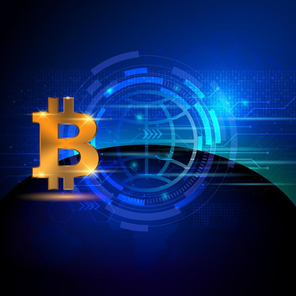goldener bitcoin blau leuchtender hintergrund, vektor