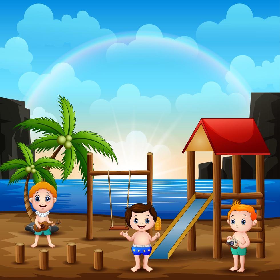 lekplats scen på stranden med barn vektor