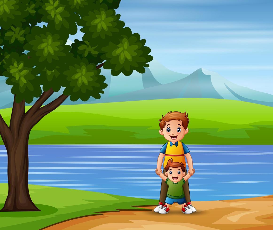 en far och son som tar en promenad nere vid sjön vektor