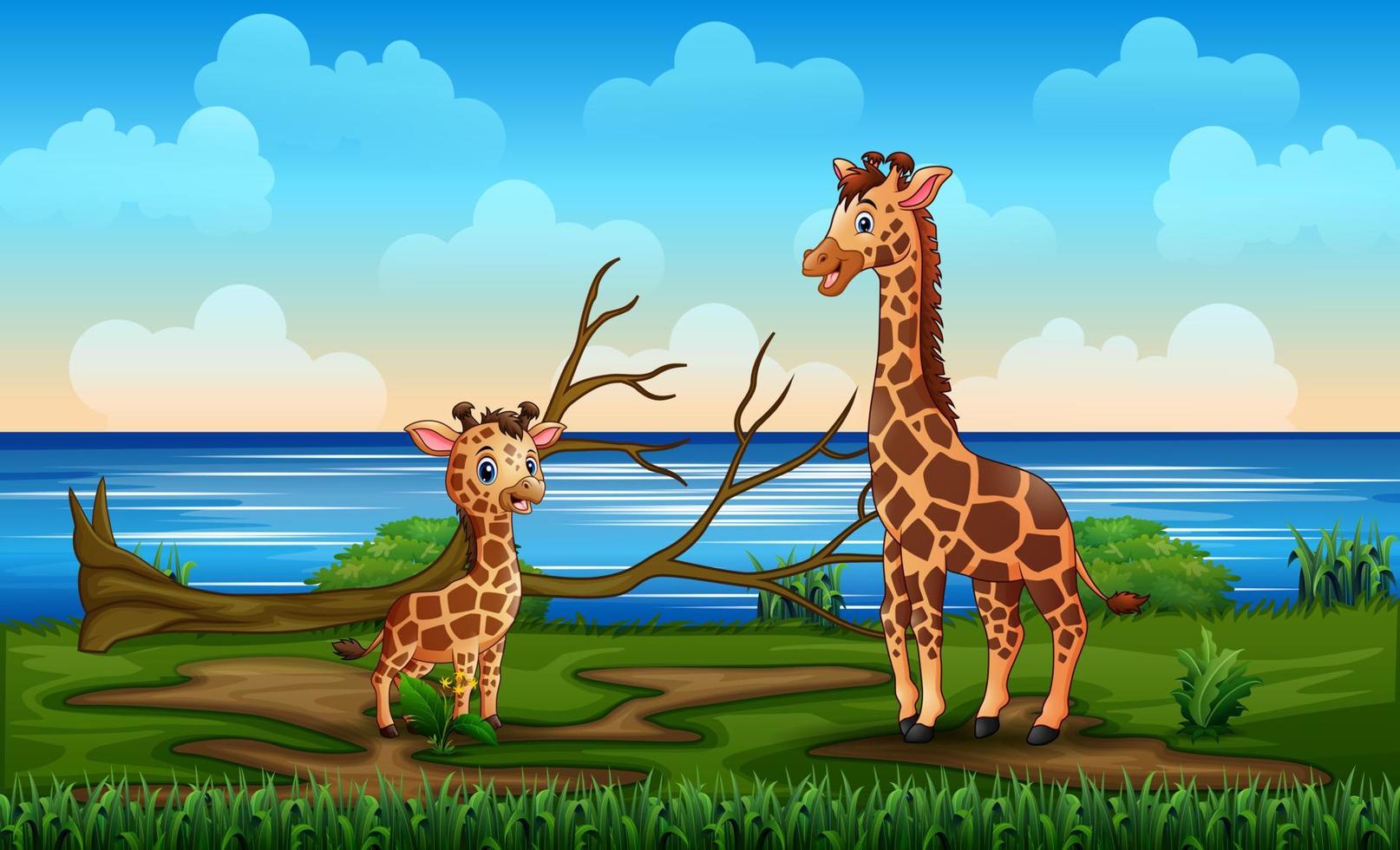 eine giraffe mit ihrem jungen erfreut sich an einem flussufer vektor