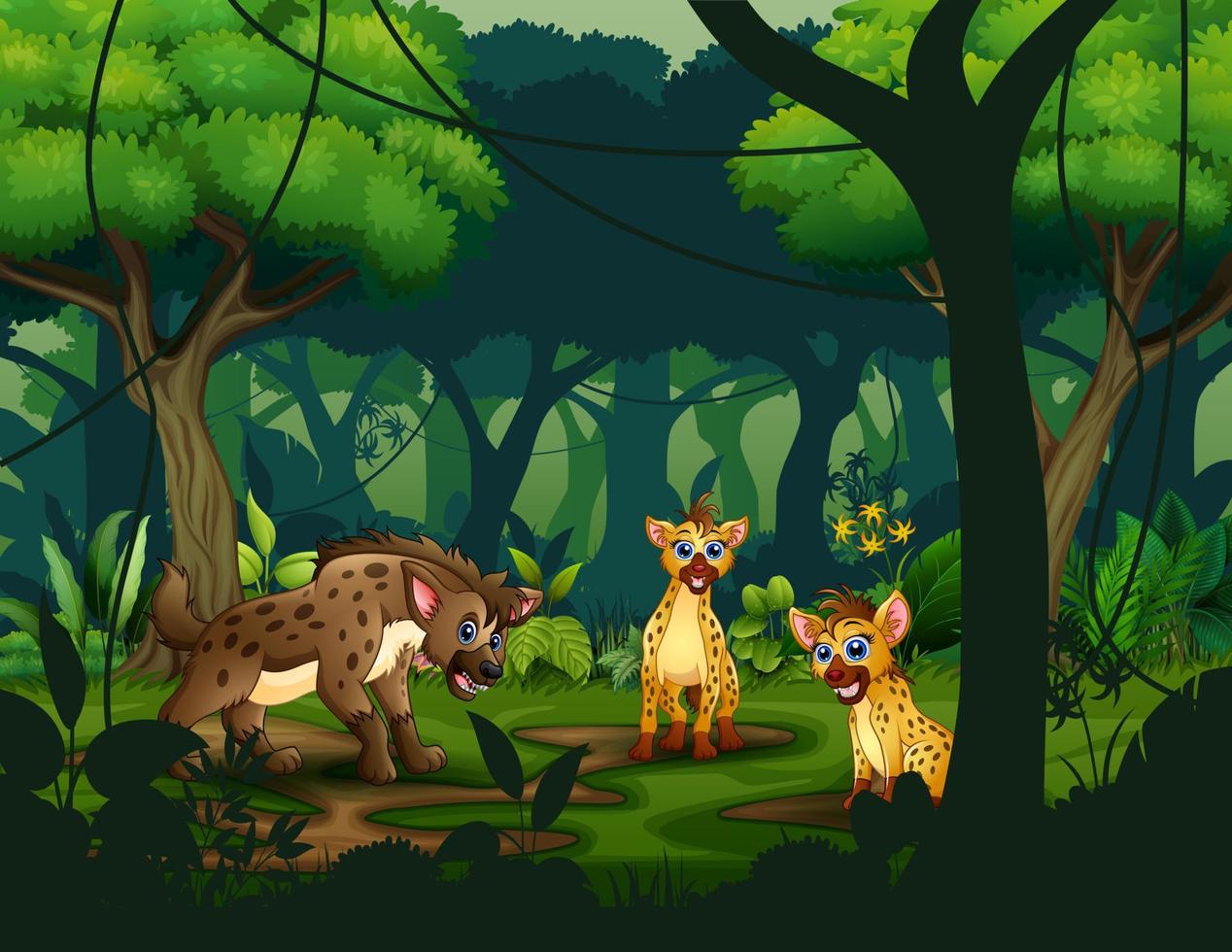 Cartoon drei Hyänen in einem tropischen Dschungel-Regenwald-Hintergrund vektor