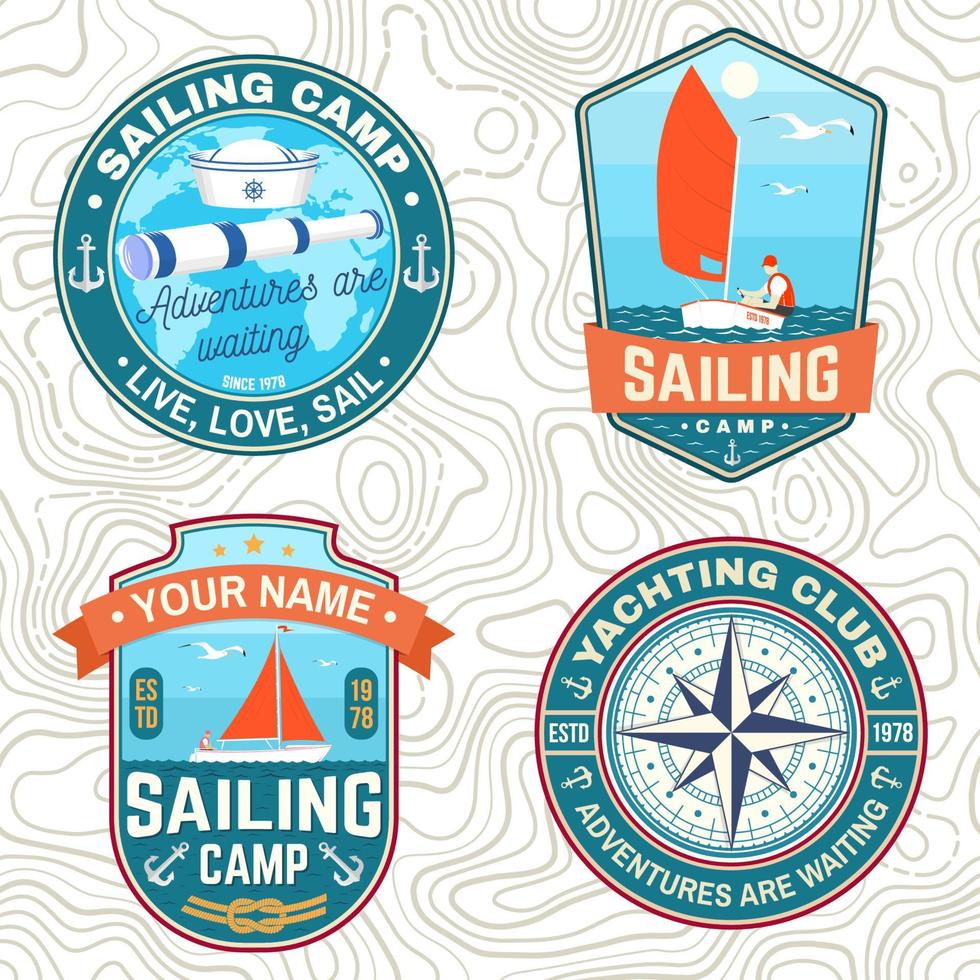 Set Sommer-Segelcamp-Patches. Vektor. konzept für hemd, stempel oder t-stück. Vintage-Typografie-Design mit Seeankern, Handrad, Segelboot und Seilknoten-Silhouette. Ozean-Abenteuer. vektor