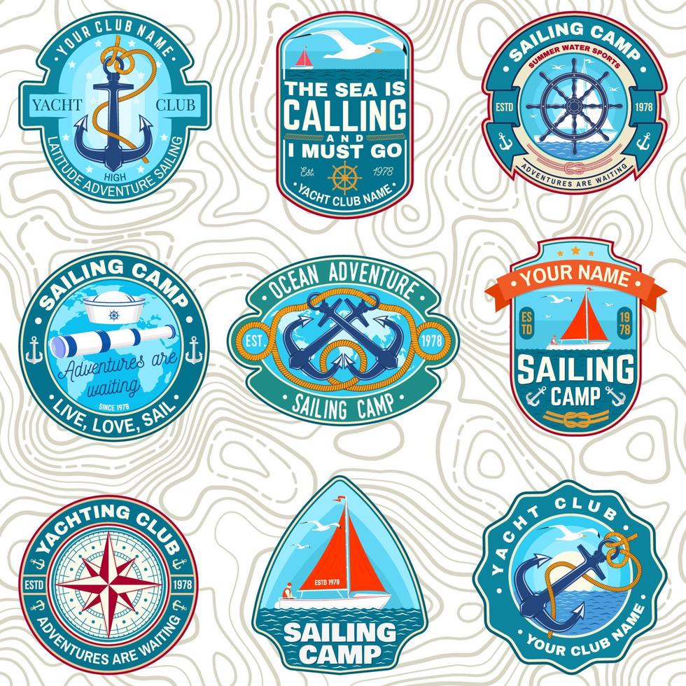 uppsättning av sommaren segling läger lappar. vektor. koncept för skjorta, stämpel eller tee. vintage typografidesign med sjöankare, handhjul, segelbåt och repknut siluett. havsäventyr. vektor