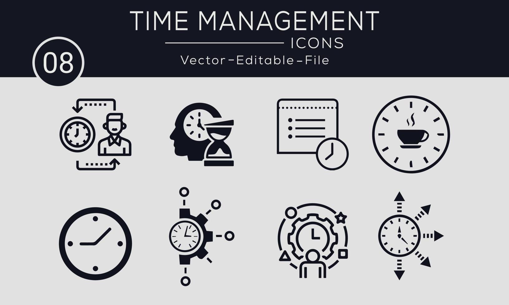Reihe von Symbolen für das Zeitmanagement-Konzept. Enthält solche Symbole für Ziel, Produktivität, Prozess, Leistung und mehr und kann für Web und Apps verwendet werden. kostenloser Vektor