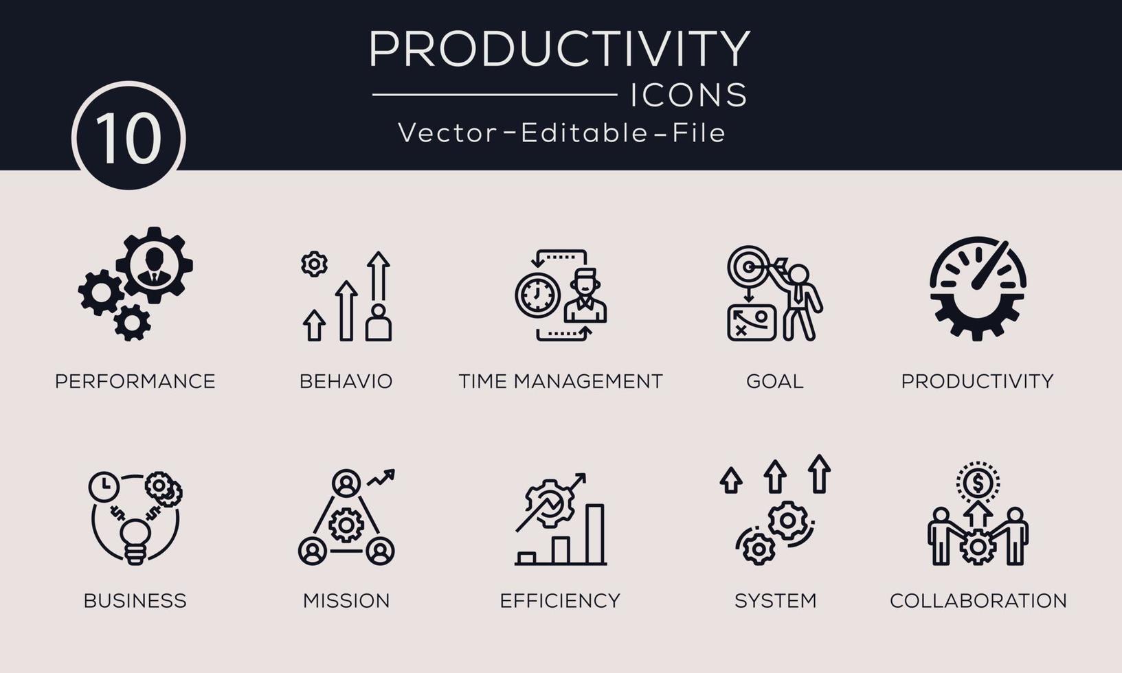uppsättning produktivitet koncept ikoner design. innehåller sådana ikoner prestanda, mål, process, tidshantering och mer, kan användas för webb och appar. gratis vektor