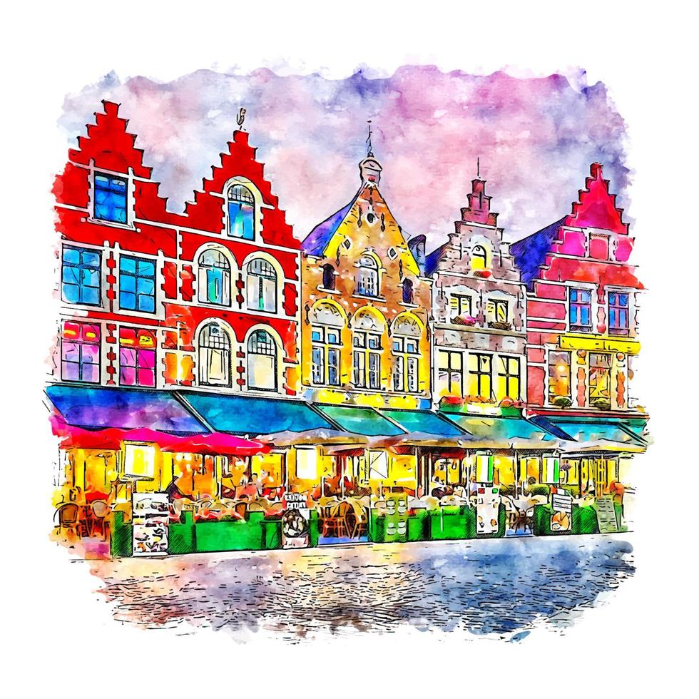 brügge belgien aquarellskizze handgezeichnete illustration vektor