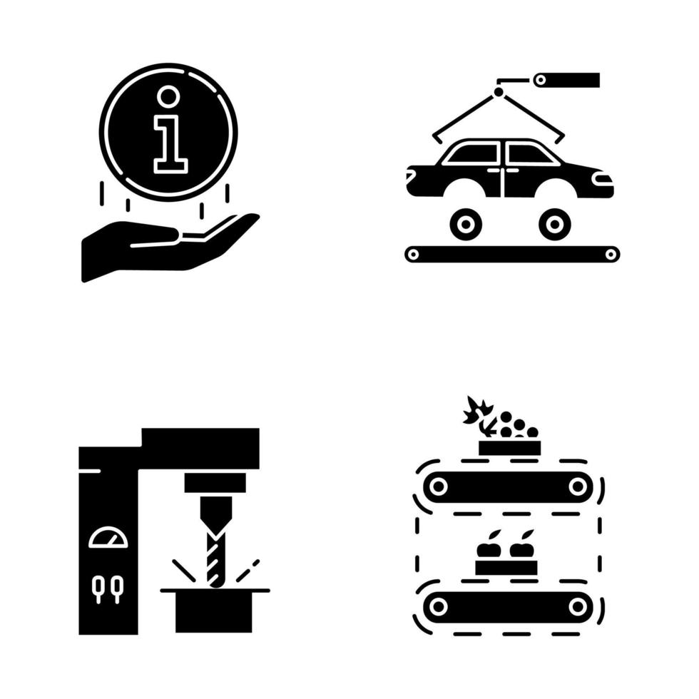 Glyphensymbole für Industrietypen festgelegt. Fahrzeugtechnik. Hinweisschild. Stahlindustrie. Fruchtproduktion. auto, autoreparatur. Ernährungsversorgung. Silhouettensymbole. vektor isolierte illustration