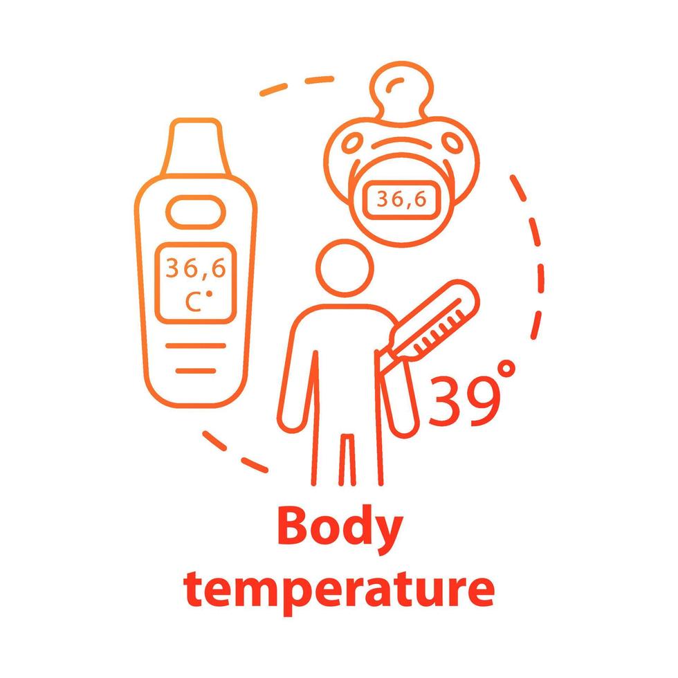 Symbol für das Konzept der Körpertemperatur-Messgeräte. patient mit fieber idee dünne linie illustration. Elektronisches Thermometer für Kinder. Vektor isoliert Umrisszeichnung. editierbarer Strich