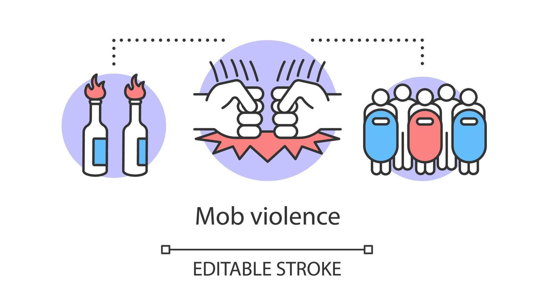 Symbol für das Konzept der Mob-Gewalt. Bürgerunruhen, Vandalismus, Rebellion Control-Idee dünne Linie Illustration. Molotow-Cocktails, Fäuste und Bereitschaftspolizei mit Schilden Vektor isolierte Umrisszeichnung. bearbeitbarer Strich