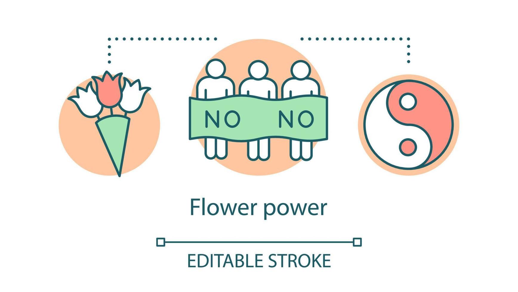 flower power koncept ikon. hippierörelse, ickevåldsideologi idé tunn linje illustration. yin och yang tecken, demonstranter med banner och bukett vektor isolerade konturritning. redigerbar linje