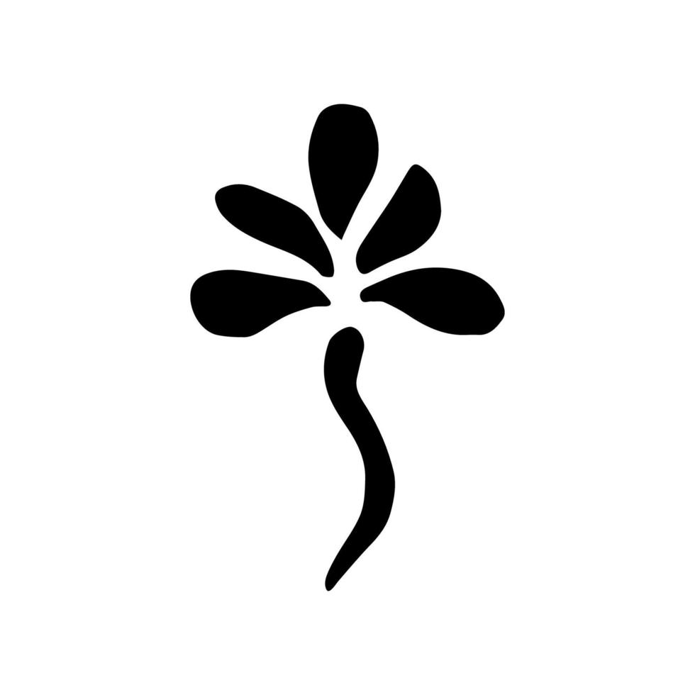 handgezeichnete schwarze Silhouette einer einfachen Blume, Blütenblätter, Stiel. skizzenhafte vektorillustration. für Druck, Aufkleber, Logo, Etiketten. Element der Natur, um Muster zu erstellen. vektor