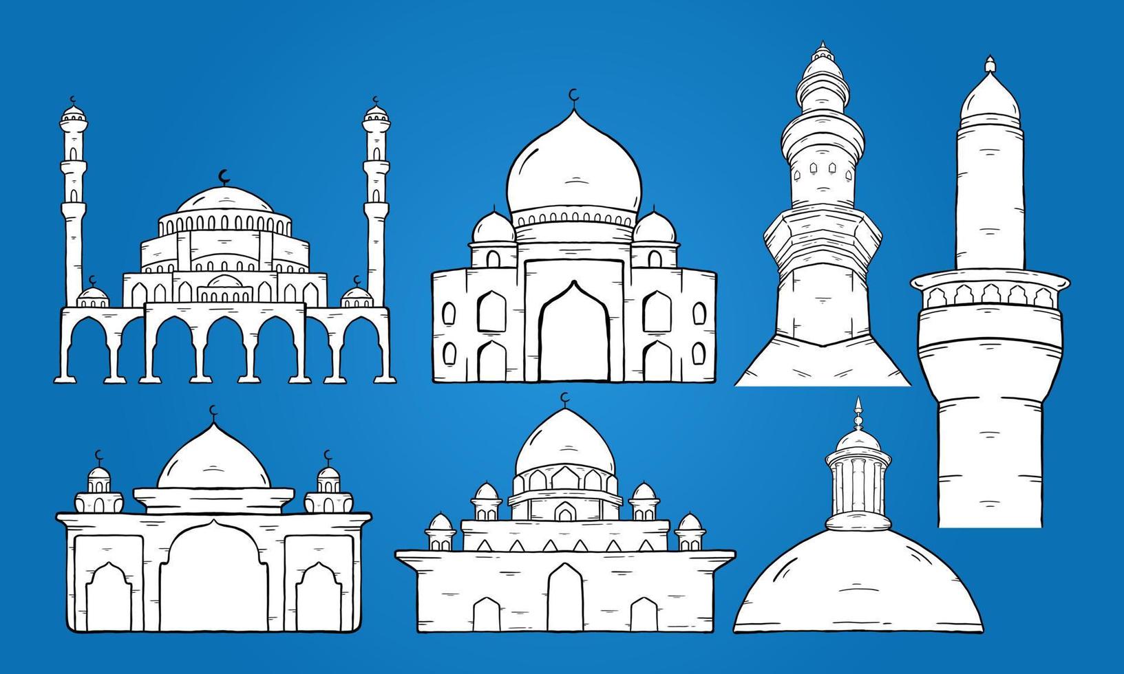 uppsättning av islamisk moské. illustration vektorgrafik. designkoncept moské med handritad skiss stil vektor