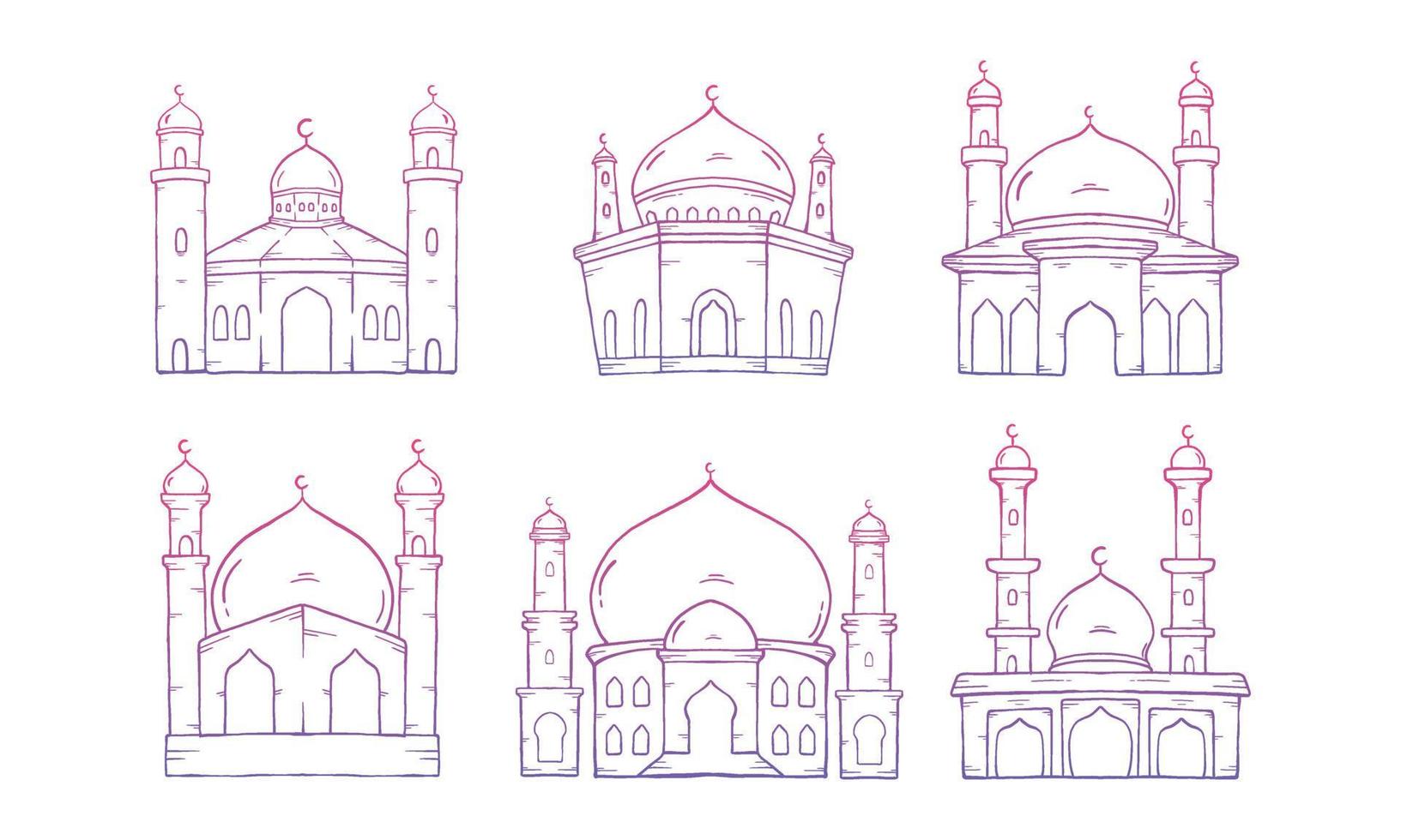 satz der islamischen moschee. Abbildung Vektorgrafik. designkonzept moschee mit handgezeichnetem skizzenstil vektor